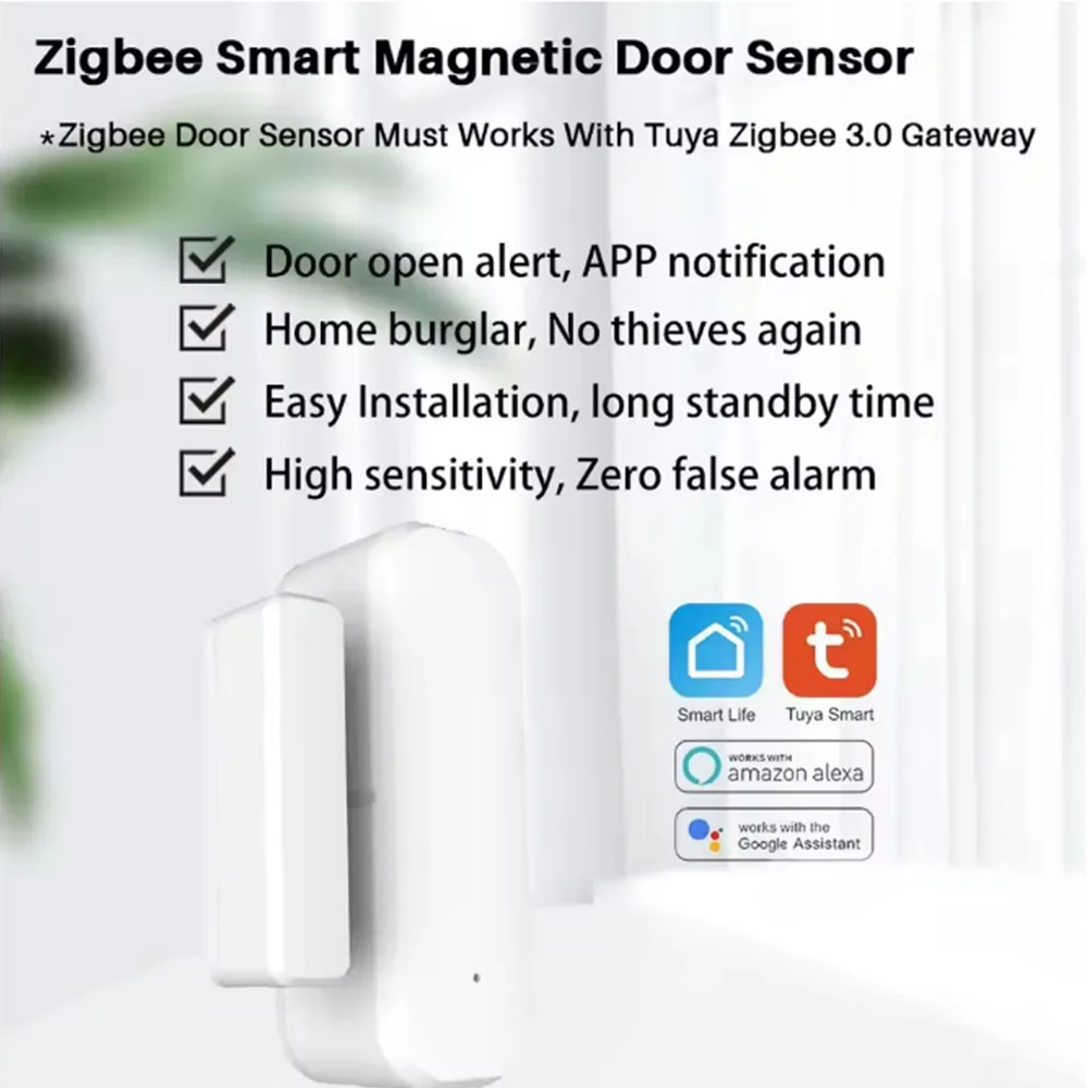 Tuya Zigbee مستشعر نافذة الباب الذكي كاشف إغلاق مفتوح لاسلكي إنذار أمان المنزل الذكي يعمل مع مساعد Alexa Google