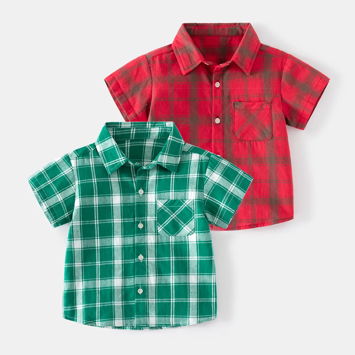 2023 Summer Polo Shirts for Kids Plaid Green/red Children T-shirt Short-sleeve Tops for Boys Girls Tees Toddler Outfits Clothing