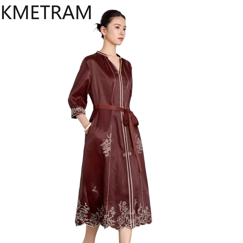 

KMETRAM 100% Натуральное шелковое платье из тутового шелкопряда Xiangyun Sha с V-образным вырезом, длинное, 2026, женская одежда, элитные летние платья, женское платье