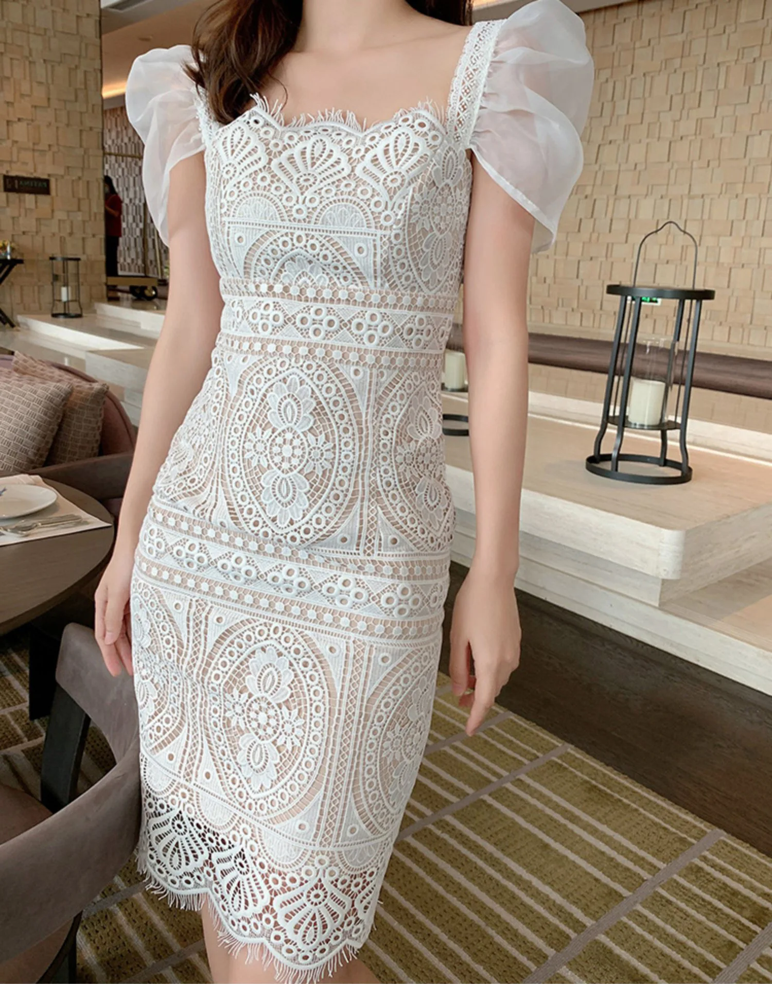 

Runway Short Sleeve Summer Dresses for Women High Waist Party Woman Dress Boho Lace 2022 A-Line Luxury Embroidery Elegant Robe