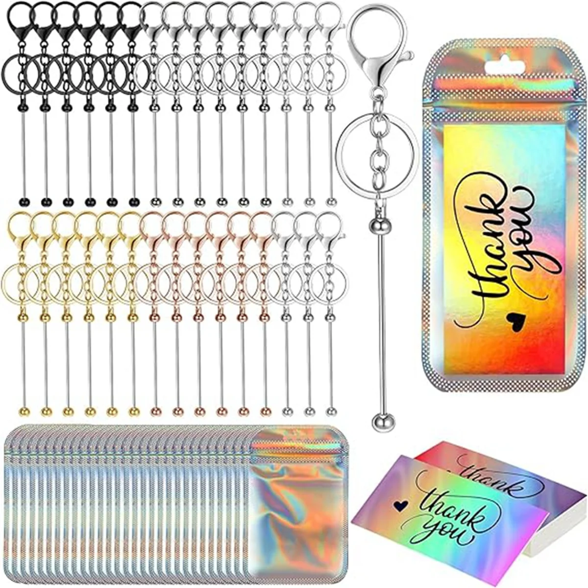

APB-10 Pieces Beaded Key Chains Bulk 10 Hologram Bags 10 Thank You Cards DIY Pendant Craft Jewelry Making