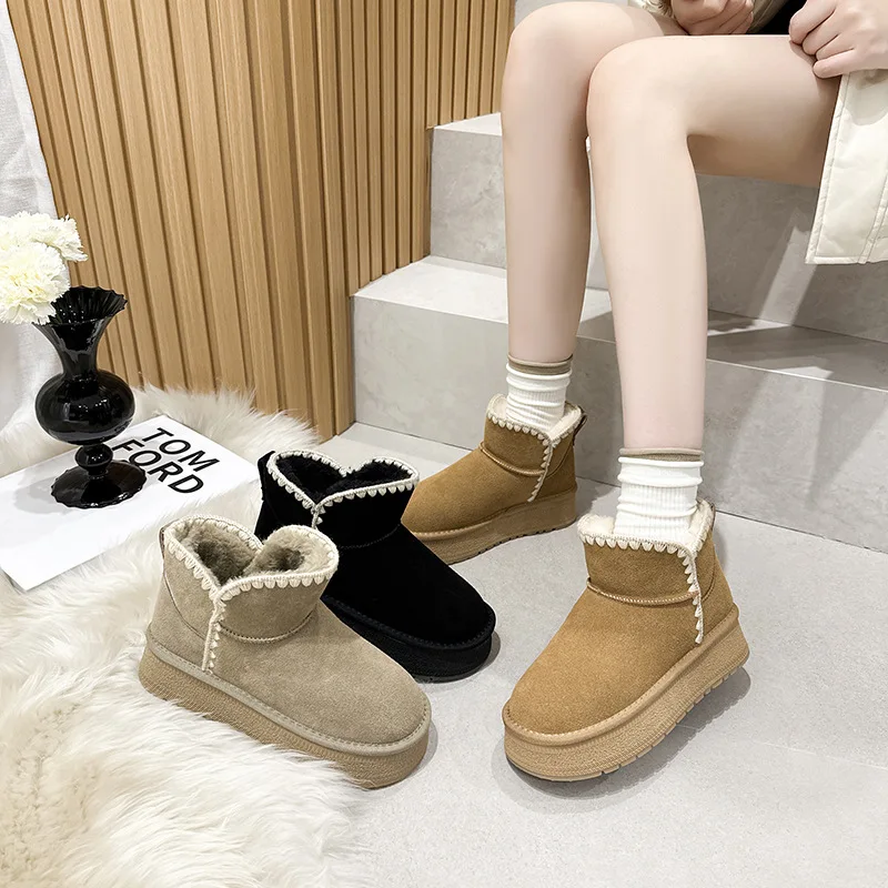

Thick Bottomed Women's Snow Boots V-Neck Knitted Wool Warm Anti-Slip Short Boots Casual Style Winter Shoes Leather Rubber