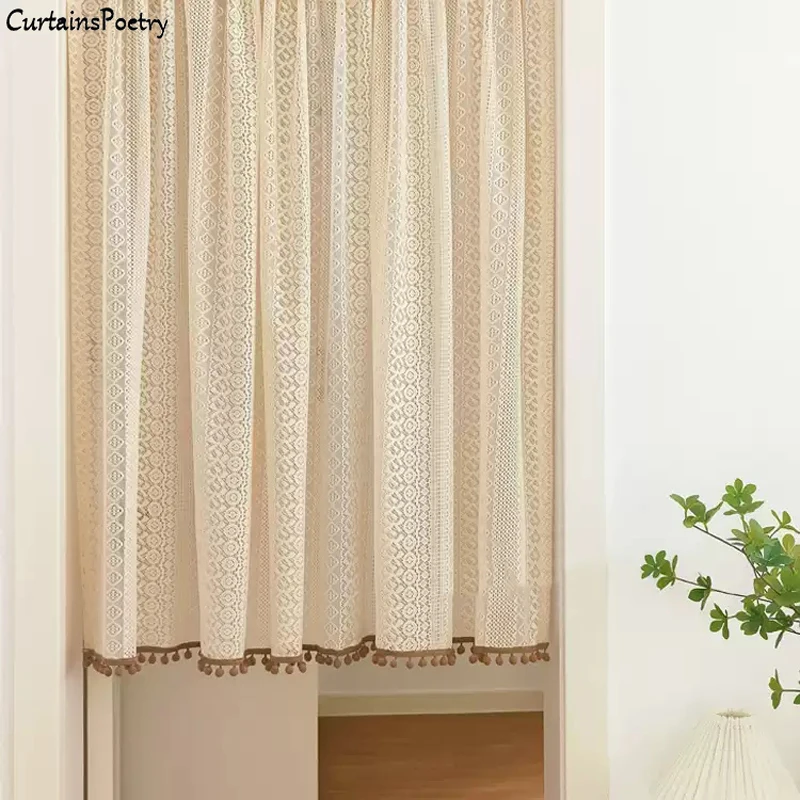 Beige Boho Curtains Crochet Lace Semi-Sheer Bohemian Hollow Knitted Handmade Tassels Rod Pocket Window Treatment for Slide Doors