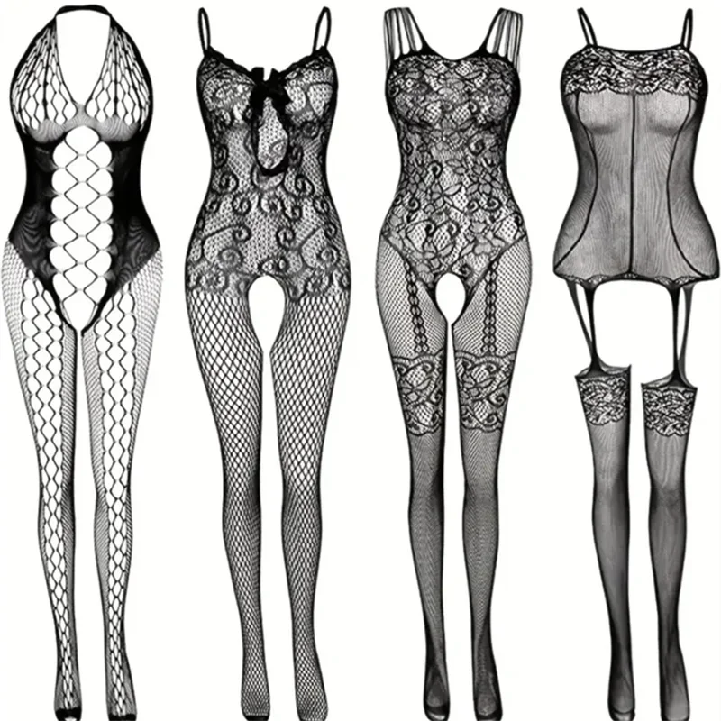 One Piece Crotchless Bodystocking For Sex Transparent Sexy Lingerie Sexiest Bodysuit Erotic Costumes Rose Full Body Stockings