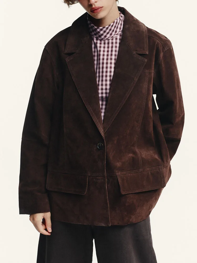 2025年秋新作 レディースファッション レザー風スエード ルーズスーツジャケット エレガント 高品質 長袖 ボタン留めコート
