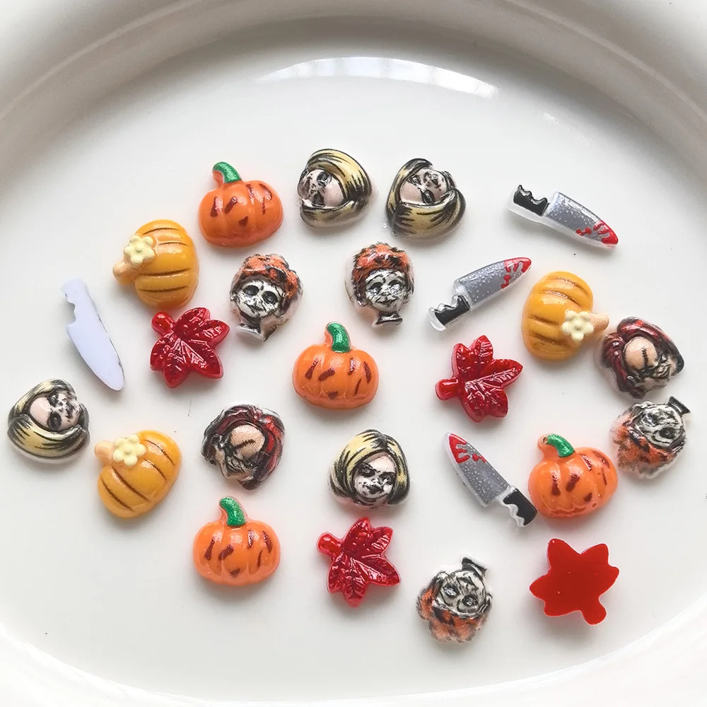50 Stück 4-14MM Strass-Verzierte Harz-Halloween-Kürbis-Grimassen Nagelkunst-Zubehör Charms für DIY-Maniküre Nageldekoration – Detail 7