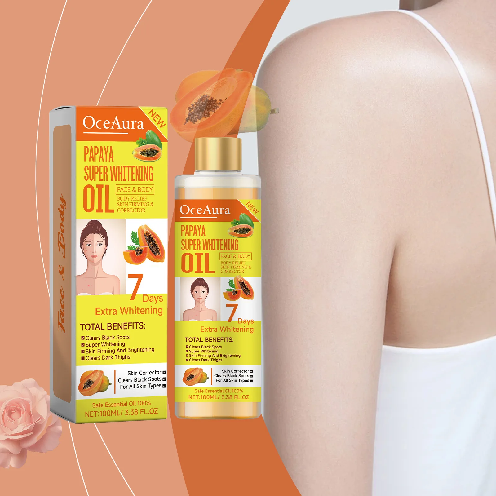 

OceAura Papaya Oil for Skin Lightening 7 Days Whitening Body Firming Dark Skin Removal Oil for Muscle Relaxation Massage Thighs
