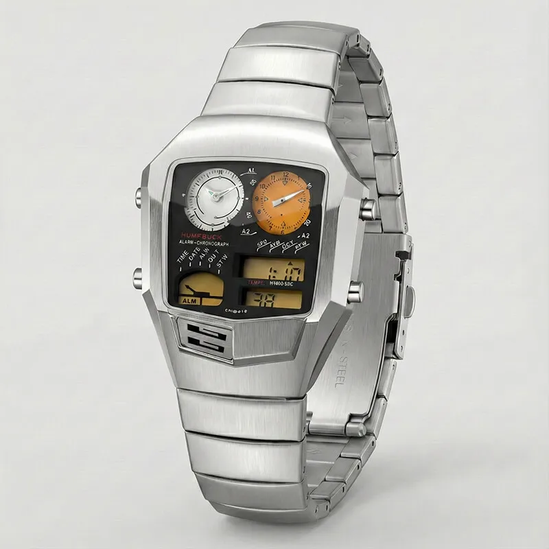 HUMPBUCK Galactic Space Style Men's Watch Stainless Steel Digital Analog Luxury Retro Sci-Fi Watch Temperature Sensor Dual Time