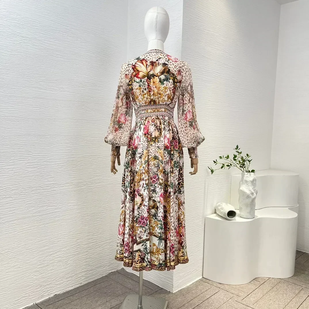 Women's Elastic High Waist Long Sleeve Silk Midi Dress Floral Print Spring Summer New Arrival Top Quality 2024