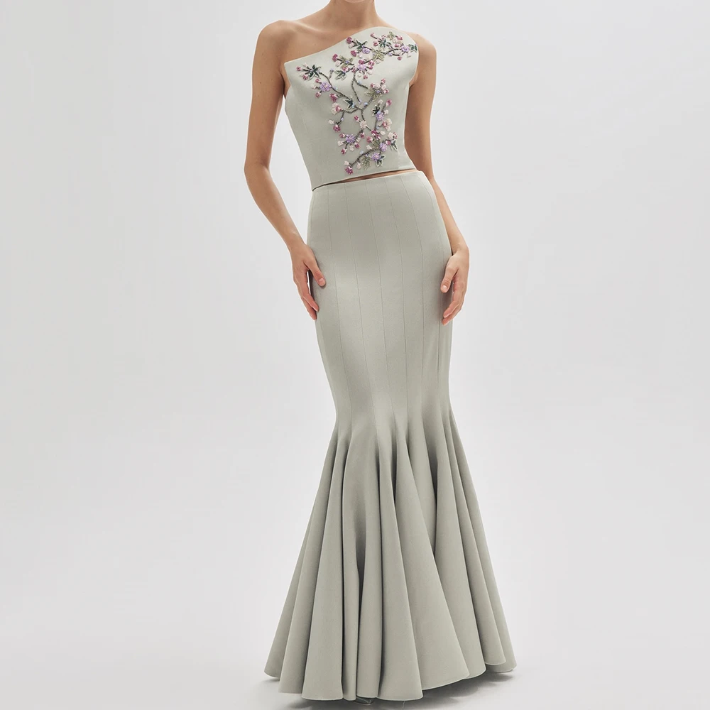 

Customized A-line Evening Dresses Floor-length Strapless Sleeveless Prom Gown Fashion Flowers Simple Draped Backless Party Gown