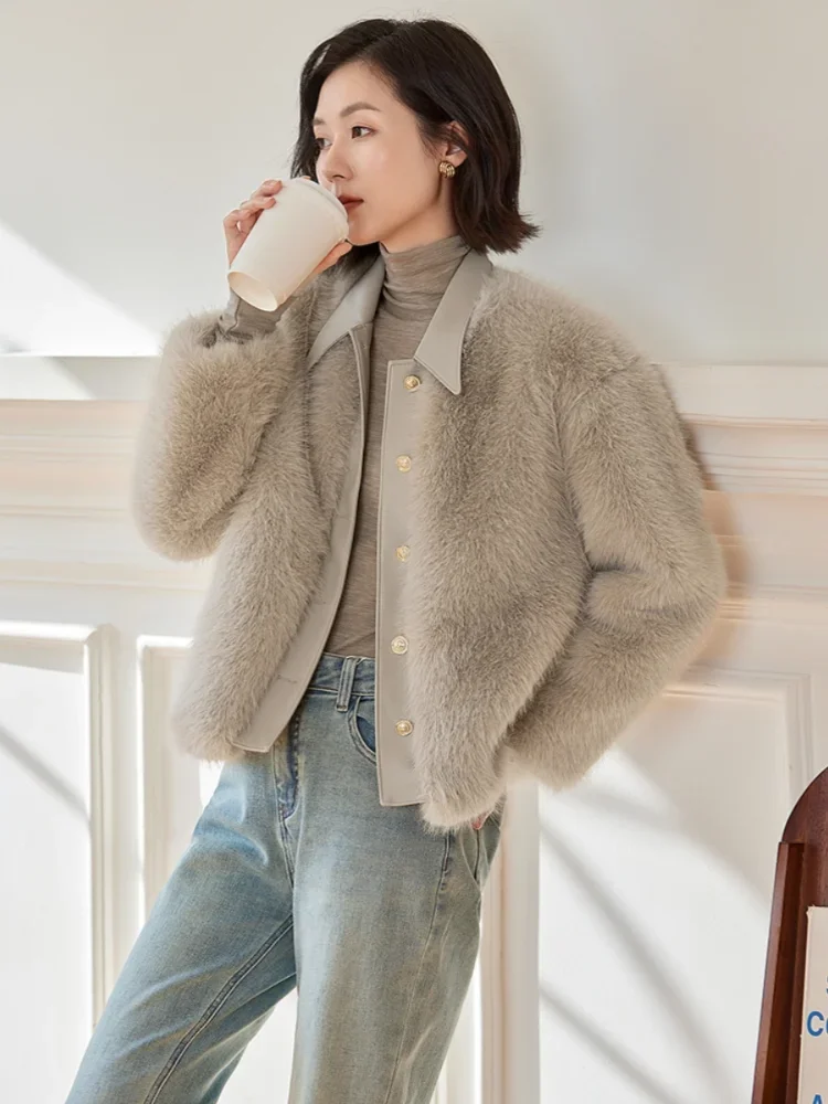 Fur jacket women's winter temperament splicing leather collar thickened imitation mink short top thickened warm fashionversatile