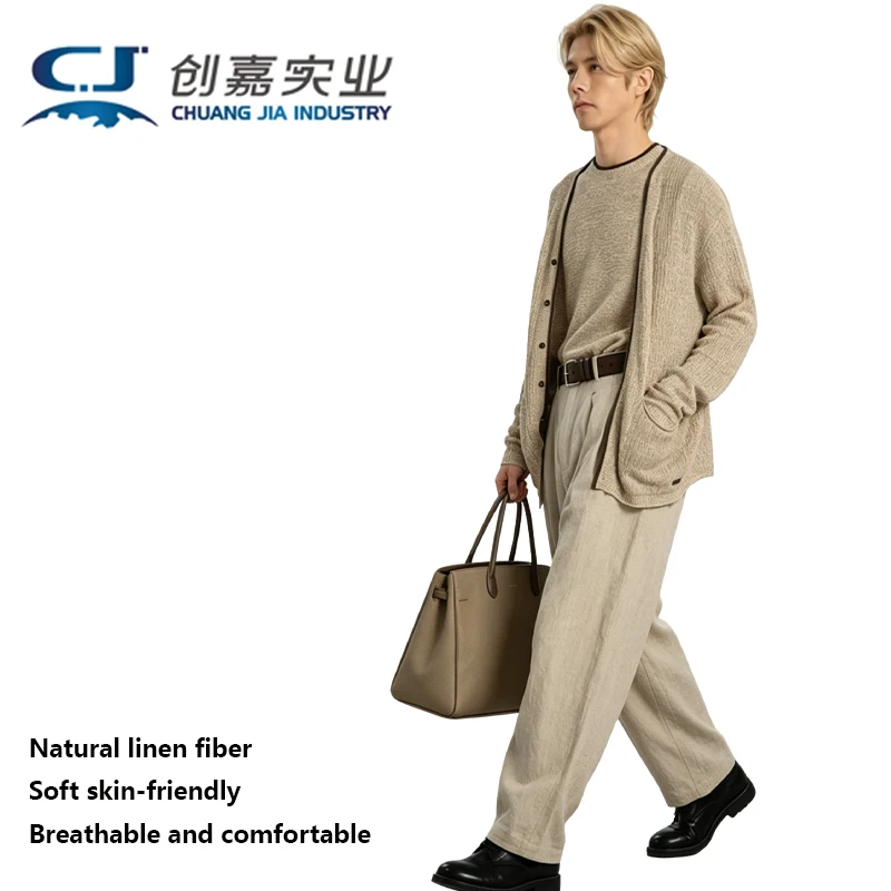 High-end Natural Pure Linen Men's Pants Dark Green Straight Pants Loose Size 5XL Comfortable Sweat Absorbent Breathable Casual