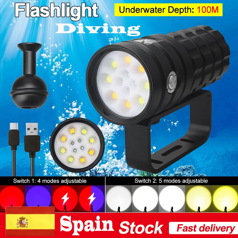 

25000LM Professional Diving Flashlight PX8 Waterproof UV 395nm+XHP50 Led Underwater 100M Scuba Dive Photography Video Fill Torch