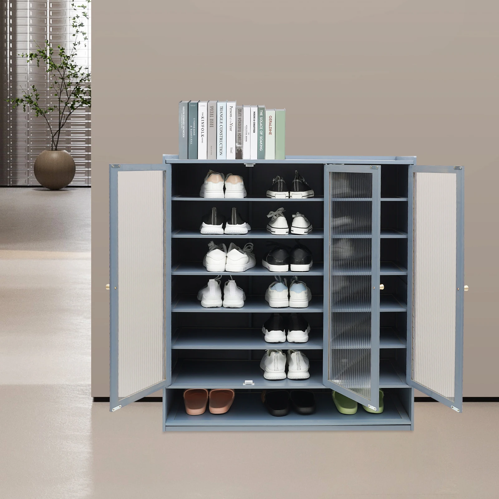

Fashionable Haze Blue Shoe Cabinet, Freestanding Shoe Rack, 8-Tier Large Storage Space Shoe Organiazer with Translucent Doors