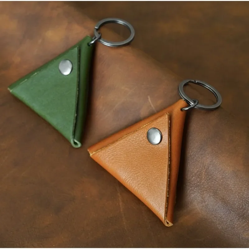 

Customized LOGO Leather Triangle Keychain Wallet Laser Engrave Cowhide Key Chain Holder Pendant Storage Bag Phone Keyring Gift