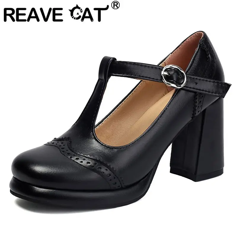 

REAVE CAT Brand Retro Mary Janes Women Pumps Round Toe Chunky Heels 8cm Platform T-strap Plus Size 41 42 43 Sweet Daily Shoes