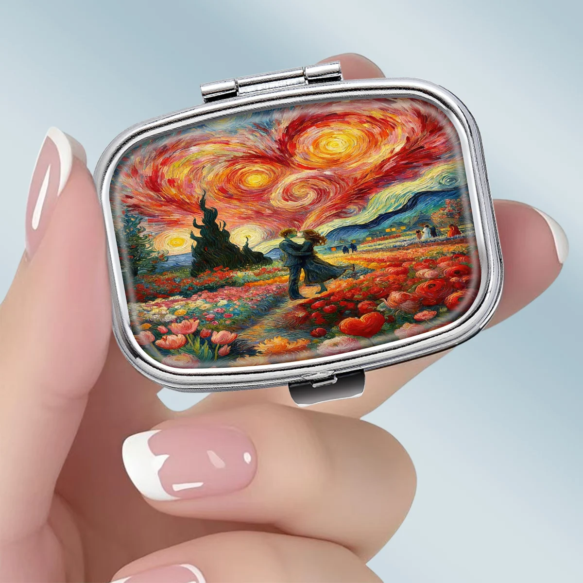 1PC compact 2-compartment square metal pill box, featuring a new impressionist-style 