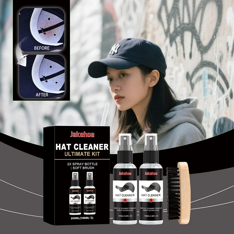Hat Cleaner Kit Baseball Cap Cleaning Spray Stain Remover Odor Eliminator Gentle Rinse-Free Care Fabric Wash with Soft Brush