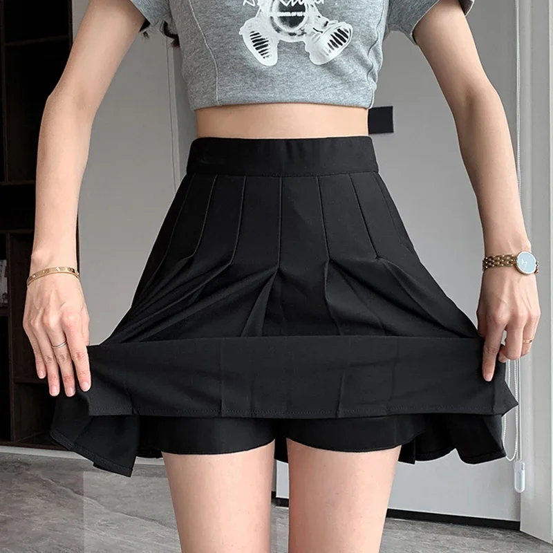 Lucyever Black Gray Pleated Skirt Women Summer Preppy Style Uniform Jk Mini Skirt Girl Elastic High Waist Pocket A-Line Skirts