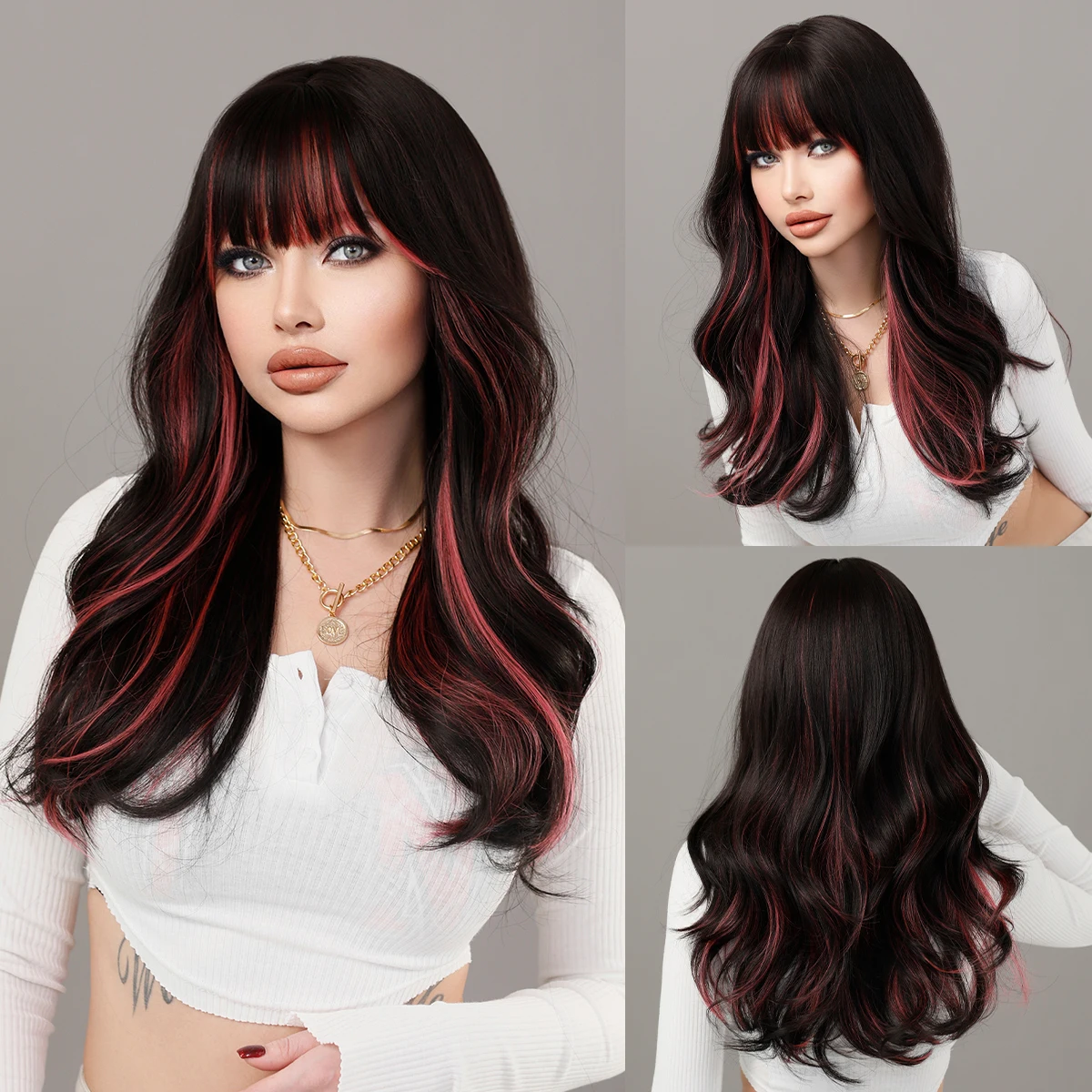 NAMM Long Wavy Highlight Wine Red Wig with Bangs for Women Daily Party New Trend Synthetic Black Curly Wig Heat Resistant Fiber