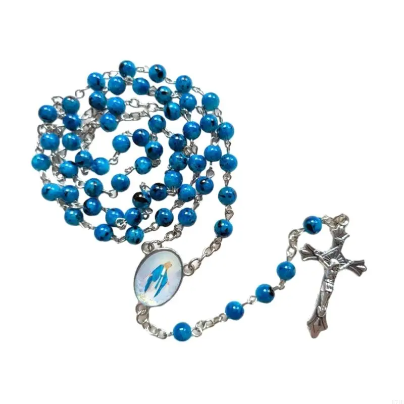 E74E Catholic Rosary Necklace Round Glass Beads Virgin Cross Pendant Necklaces for Women Men Religious Jewelry Baptism Gift