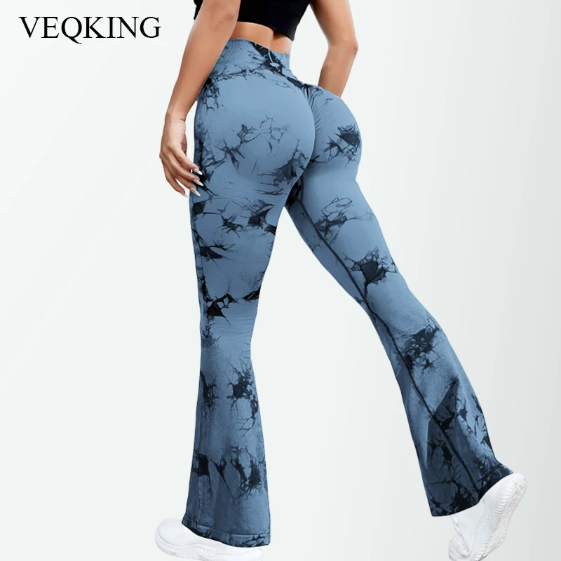 VEQKING Tie Dye Yoga Pants Women Hip Lifting Flare Sports Pants Breathable High Waisted Fitness Workout Leggings Sportswear