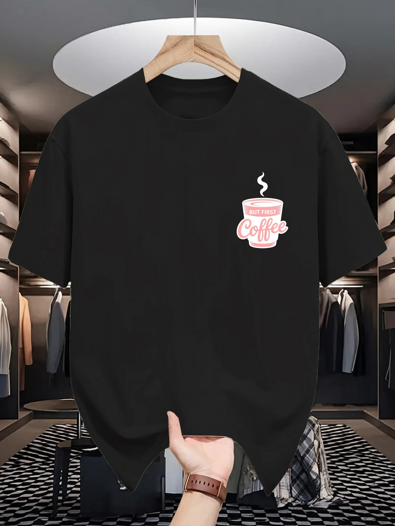 Mens Crew Neck T Shirt But First Coffee Pocket Size Cup Graphic Short Sleeve Casual Cotton Coffee Lover Urban Streetwear Tees