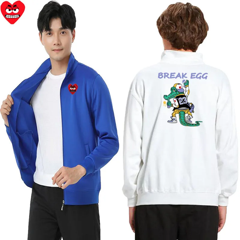 

Break Egg Men Jacket Cotton Cartoon Heart Embroidered Crocodile Printed Collar Zipper Pocket Wool Fit Casual Autumn Jacket Coat