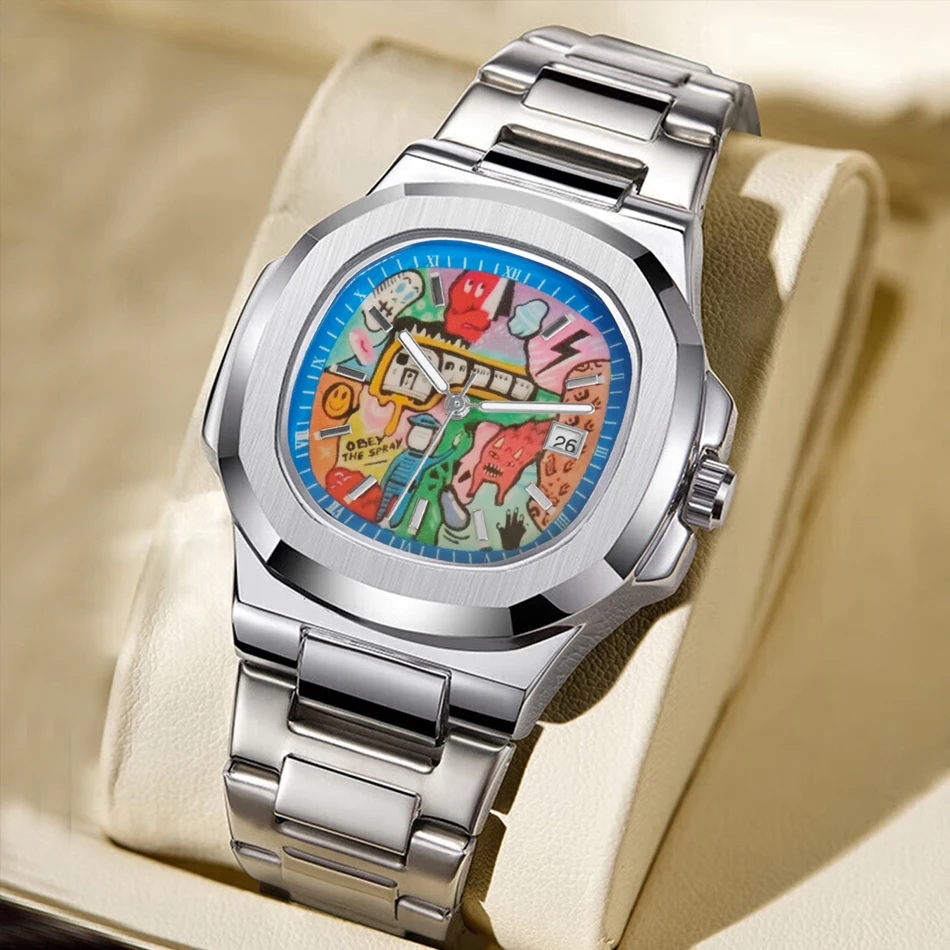 

2025 Новые квадратные мужские часы с абстрактным художественным циферблатом, модные нишевые часы в стиле ретро, роскошный подарок, серебряные, черные, золотые кварцевые часы в уличном стиле