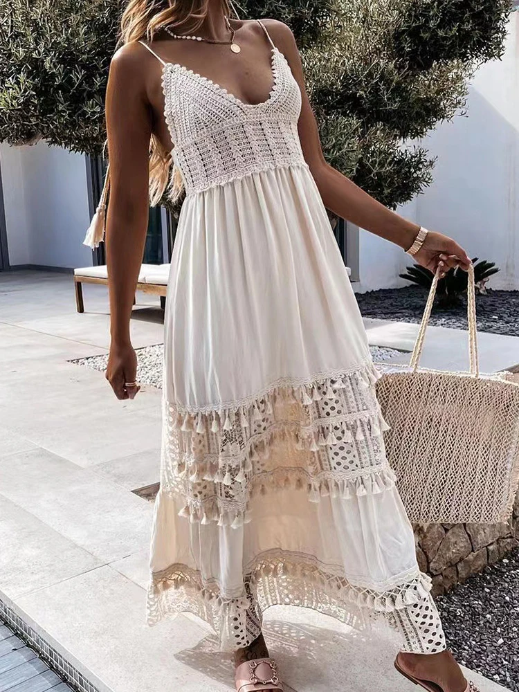 Boho Sexy Deep V Neck Crochet Suspender Dress Women Elegant Embroidery Lace Tassel Long Dress Spring Summer Backless Beach Dress