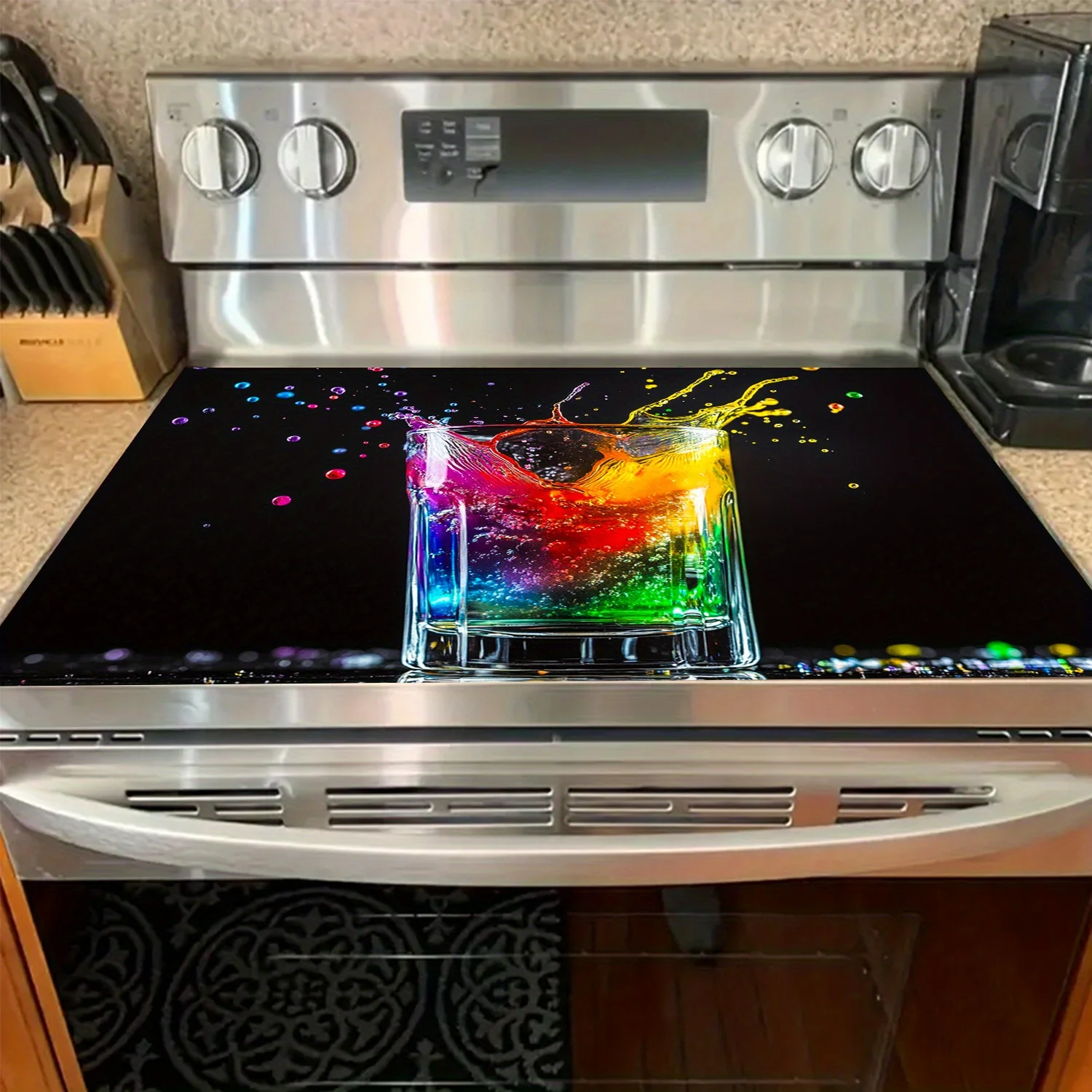Vibrant Rainbow Liquid Splash Glass Cup Black Stove Top Cover, Non‑Slip Heat Resistant Mat, Easy Clean Decor Electric Gas Stove