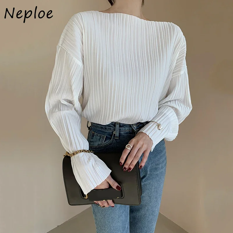 Neploe Korean Autumn Simple O-neck Pullover Shirts Solid Color Chic Pleated Women Blouse All-match Long Sleeve Femme Blusas