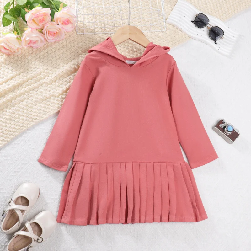 

Girls Hat Collar Rabbit Ears Sweet Pink Long Sleeve Dress Princess Pleated Children's Skirt