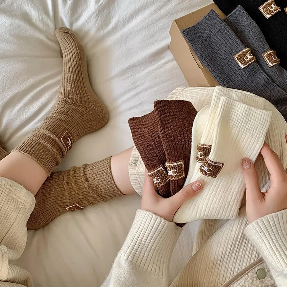 Winter Solid Color Warm Velvet Thickened Mid-tube Socks Maillard Color Letter Label Heaps Socks Coffee Color Casual Cotton Socks