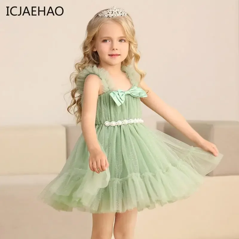 2025 Baby Dress For Girl Sleeveless Sling Dresses Pleated Ball Gown Sweet Girl Children Birthday Party Cost Girls Dress