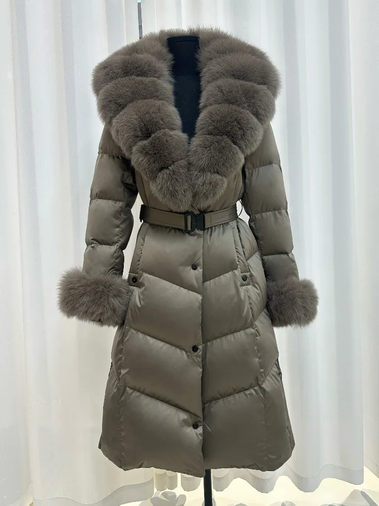 Damen Langer Winter-Daunenmantel Natürlicher Pelzmantel mit Pelzbesatz und Daunenfüllung für Herbst und Winter