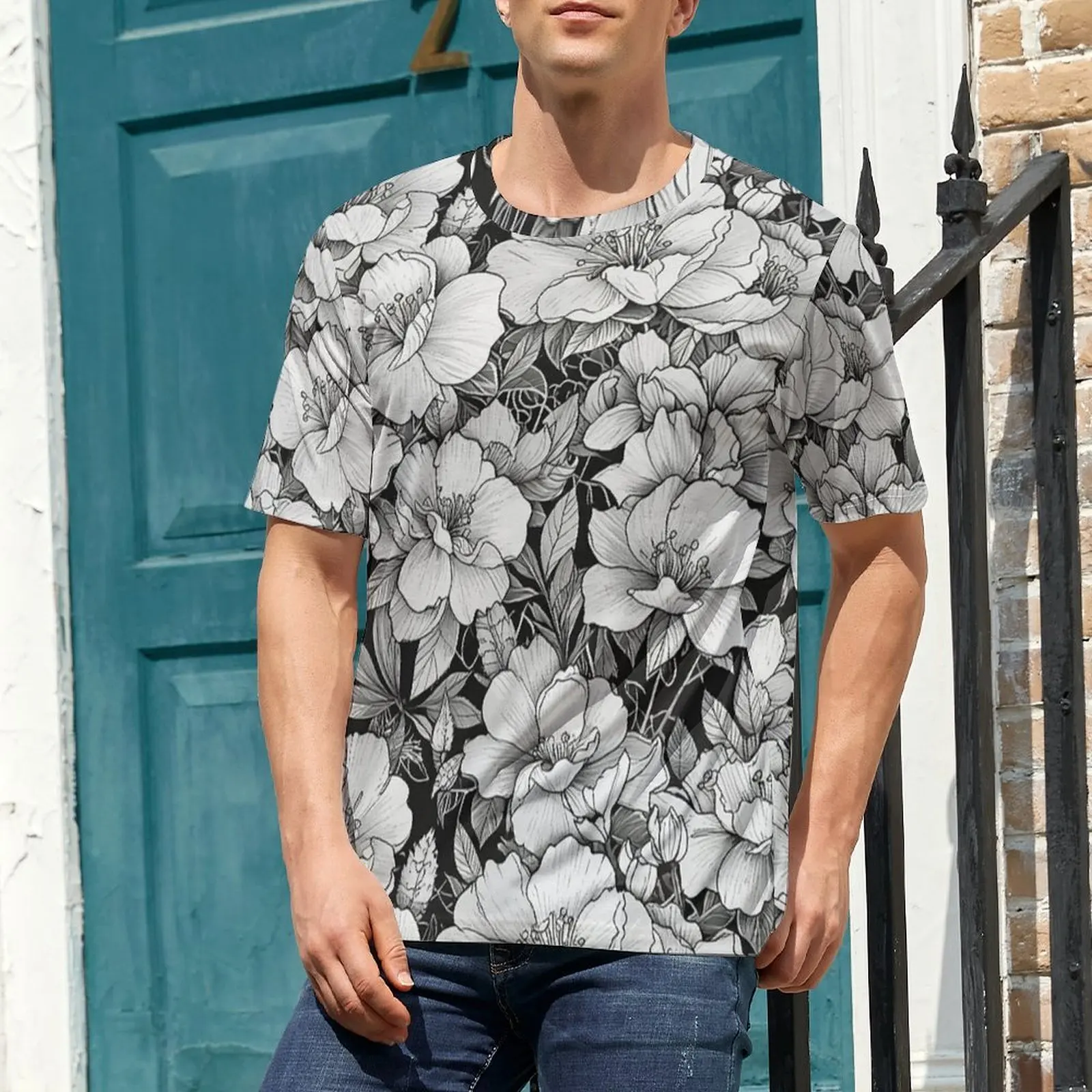 Sketch Black White Peony Print T Shirt  Trending T Shirts Man Basic Tshirt Summer Short Sleeves Custom Tops Plus Size 4XL 5XL