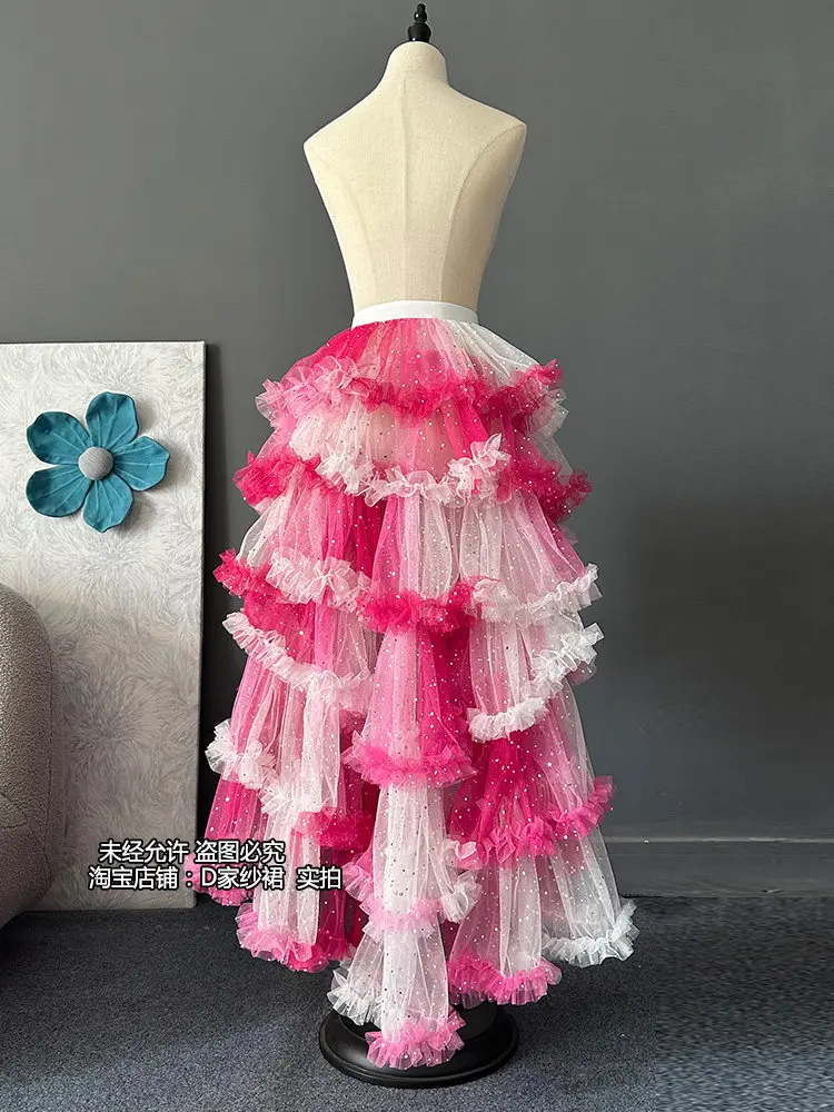 Original New Spring Summer Halo Staining Ultra Long Puffy Skirt Shiny Sequins Elegant Mesh Ruffles Floor-length Fairy Skirts