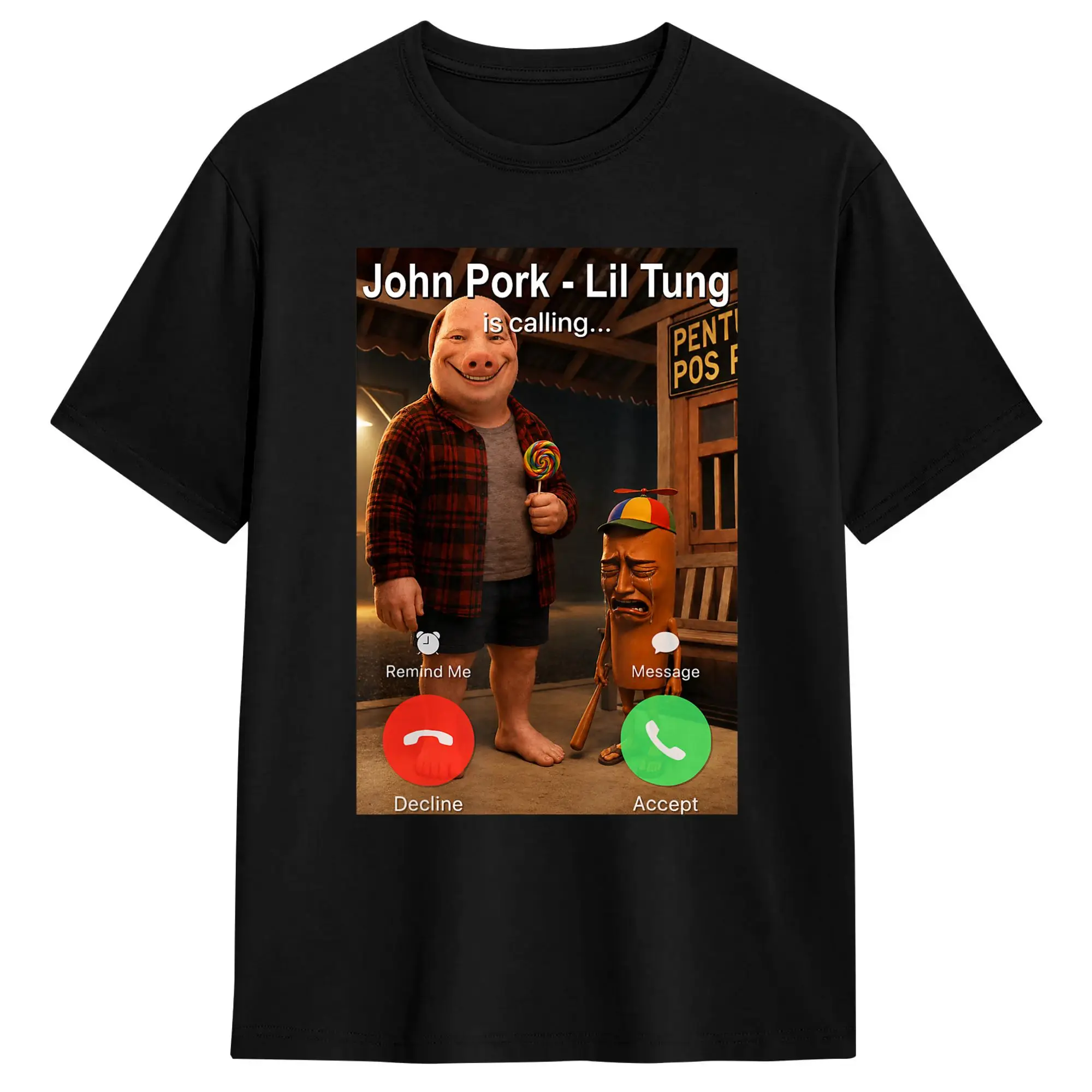 John Pork Lil Tung Brother is Calling Brainrot Meme T-Shirts for Men Vintage Cotton Tee Shirt Round Collar Short Sleeve T Shirt