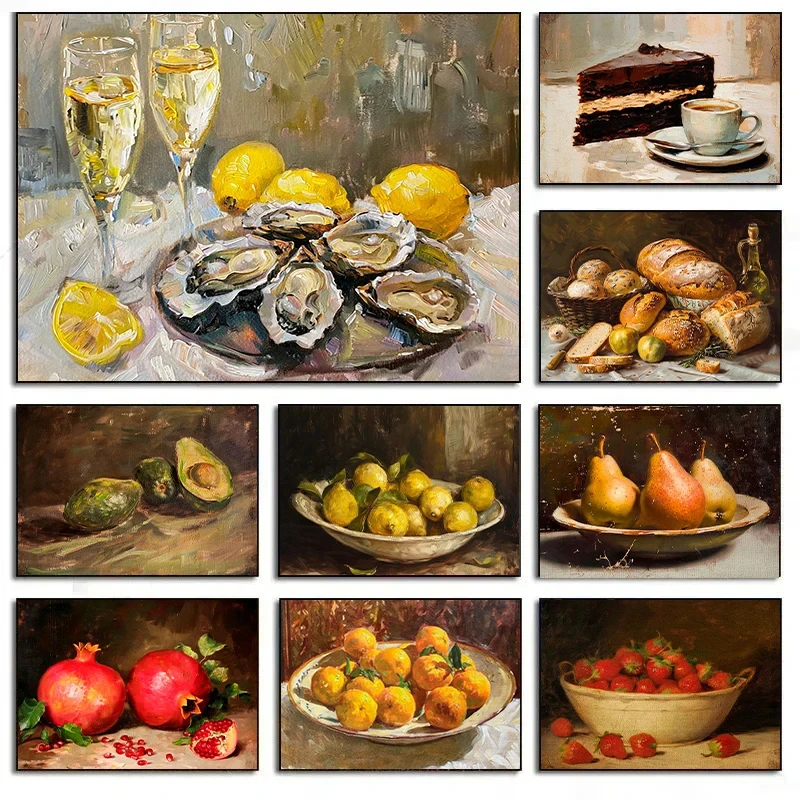 Pósteres e impresiones de naturaleza muerta, pastel de pan de ostras, manzanas, granada, fruta, comida, impresión en lienzo