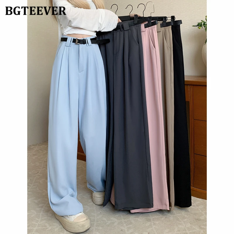 

BGTEEVER Stylish Loose Women Suit Pants Elegant High Waist Pockets Ladies Wide Leg Trousers Autumn