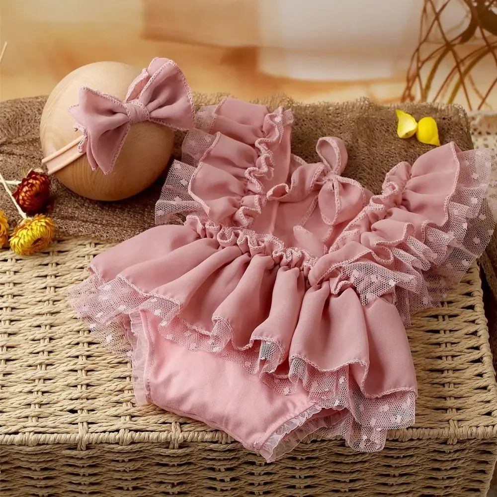 New Lace Details Newborn Romper Dusty Pink Bow Hairband Photography Outfits Chiffon Material Chiffon Romper Photography