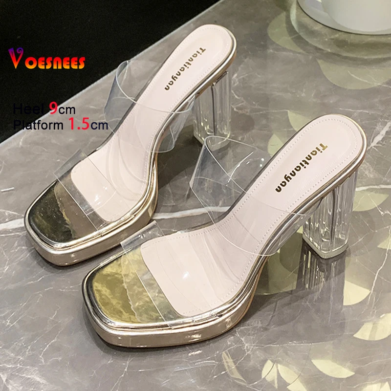 الذهب والفضة النساء شفافة بولي كلوريد الفينيل واضح عالية الكعب النعال 9 سنتيمتر الصنادل الكريستال الشرائح ساحة تو الصيف السيدات خارج الأحذية #1
