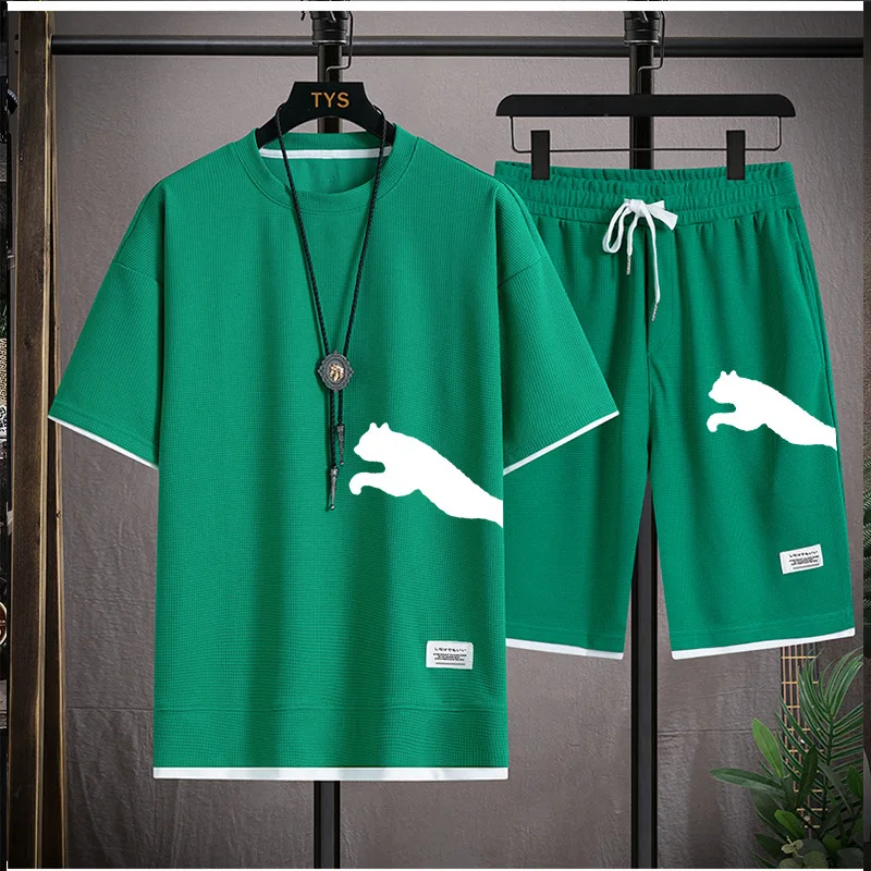 남성용 와플 반팔 티셔츠, 캐주얼 스포츠 세트, 루즈한 반팔 티셔츠, 투피스 세트, 2024 여름 신상