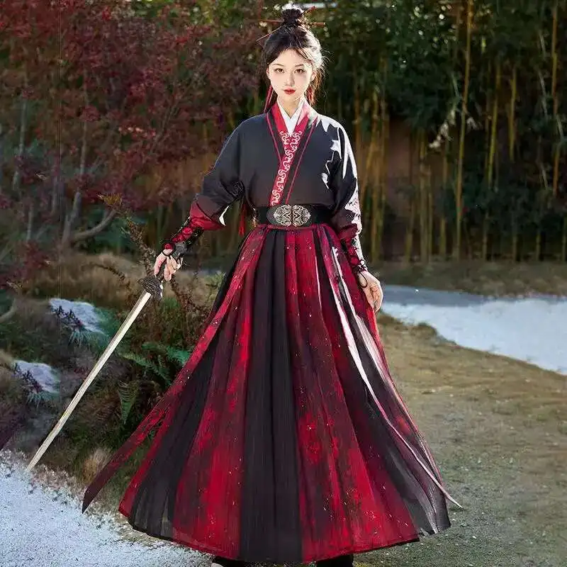 

Унисекс-костюм Ханьфу в стиле династии Сун: винтажное платье с вышивкой, черно-красное, с перекрестным воротником, для косплея воина, для мужчин и женщин