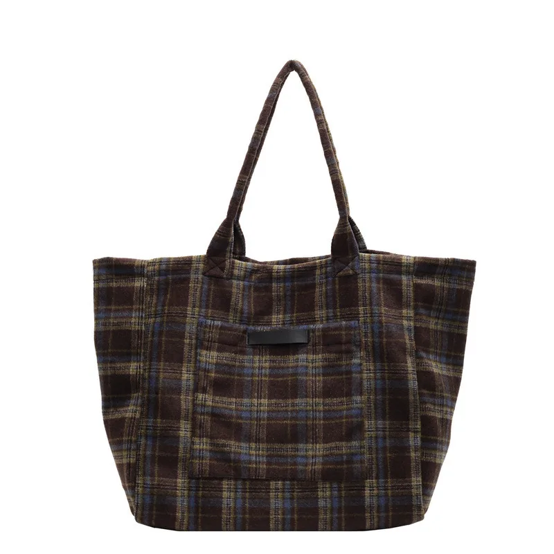 

Color Blocking Checkered Large Capacity Tote For Women Korean Version Autumn And Winter Casual Shoulder 2024 Niche Trend Women's