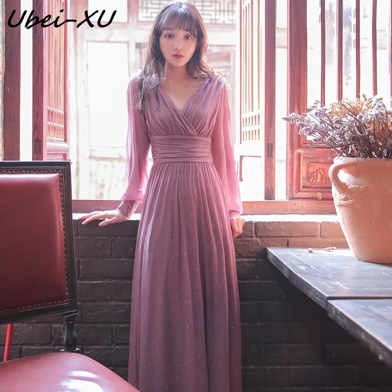 

Ubei Fashion elegance party dress French retro high waist V-Neck long sleeve pleated dress slim long dress