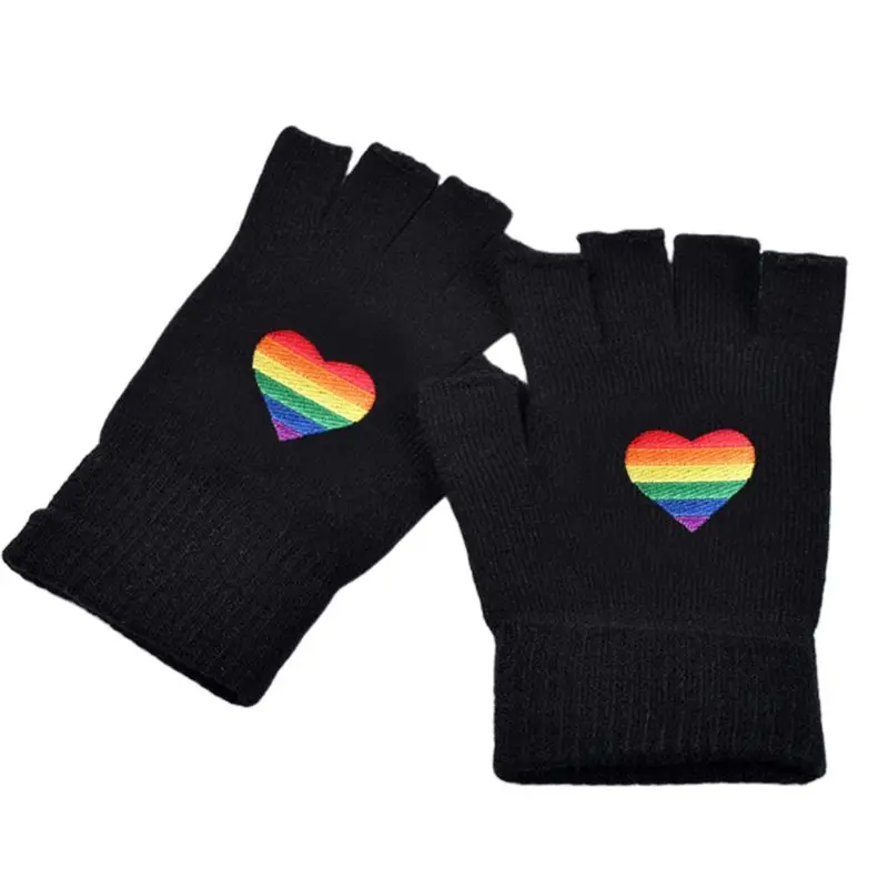 Unisex Half Finger Gloves Winter Stretchy Knit Rainbow Heart Party Fingerless Gloves Short Hand Warmer with Thumb Hole