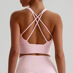Solid Color Women Fitness Bra Tights Sports Tank Top Cross Back Gym Clothe Underwear Yoga Vest High impact shockproof Chest Pad