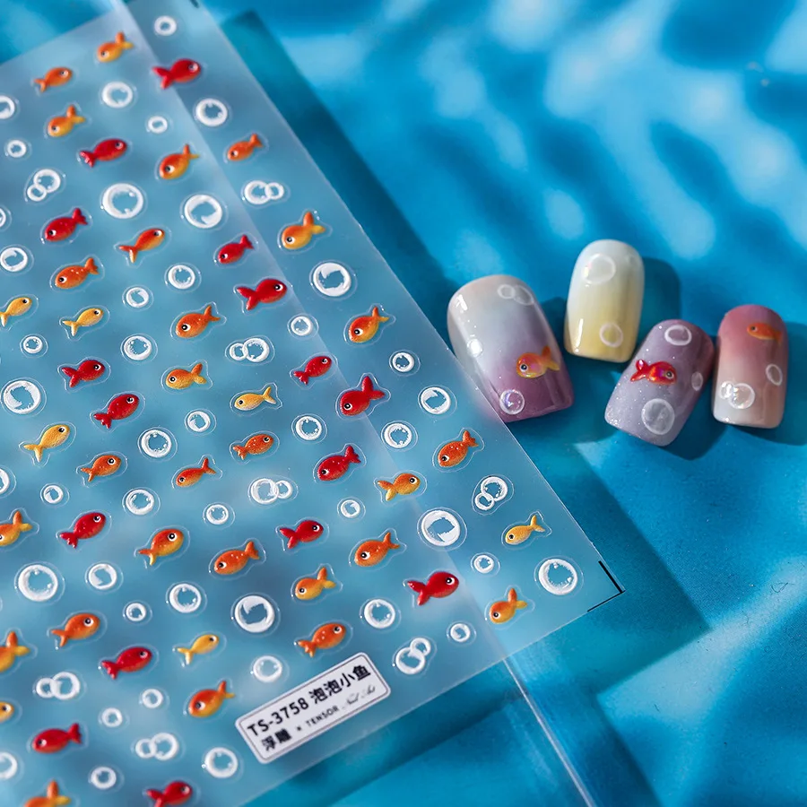 Goldfish Bubbles Lovely 5D Embossed Reliefs Self Adhesive Nail Art Stickers Red Koi Ancient Poetry Chinese Style Manicure Decals